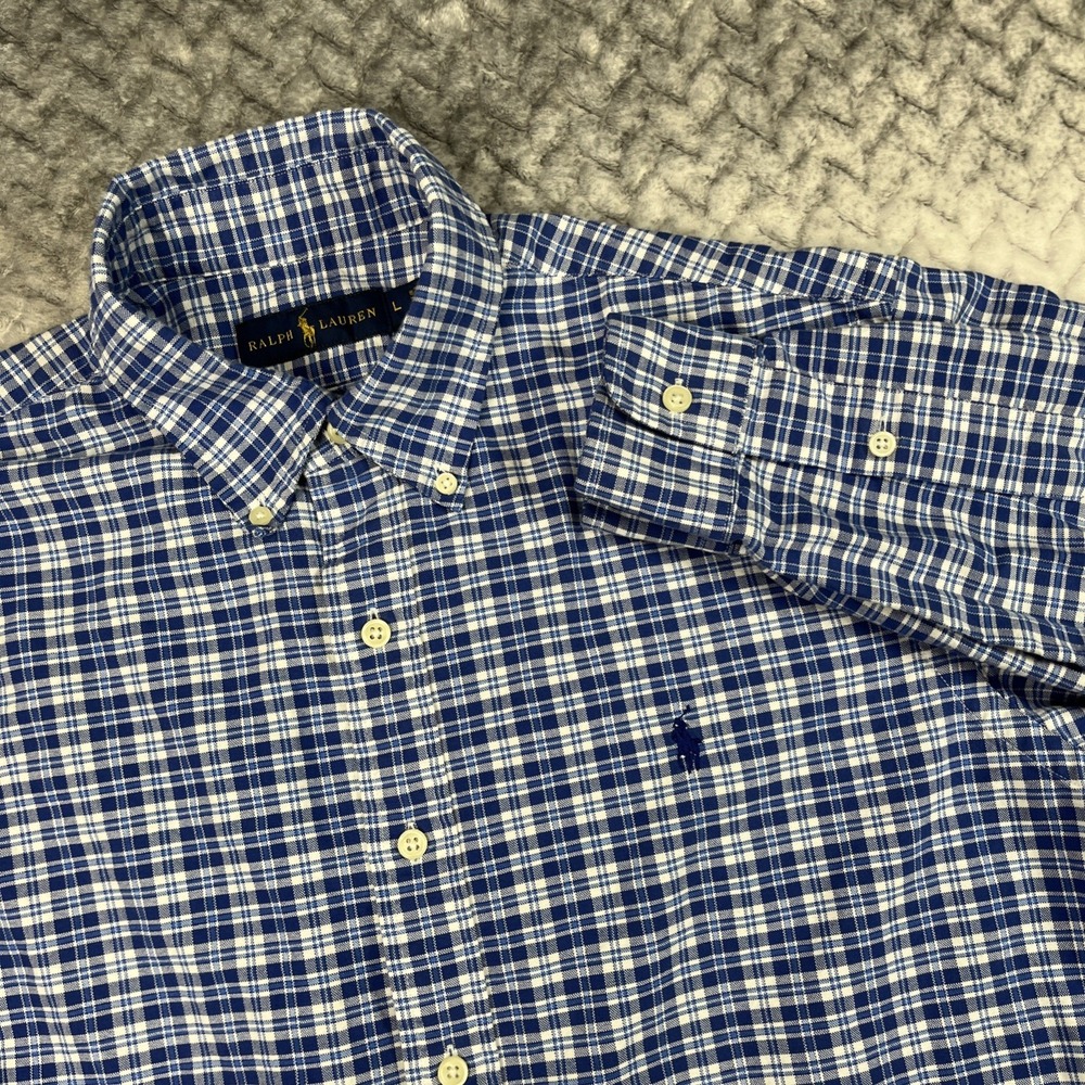 Ralph Lauren Shirt Mens L Blue White Classic Tattersall Check Button Pony